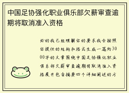 中国足协强化职业俱乐部欠薪审查逾期将取消准入资格 中国足协强化职业俱乐部欠薪审查逾期将取消准入资格