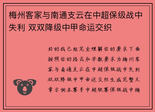 梅州客家与南通支云在中超保级战中失利 双双降级中甲命运交织