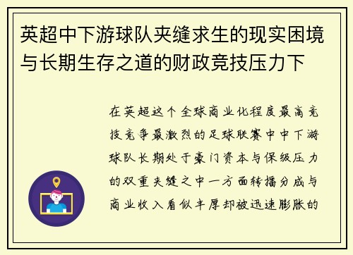 英超中下游球队夹缝求生的现实困境与长期生存之道的财政竞技压力下 英超中下游球队夹缝求生的现实困境与长期生存之道的财政竞技压力下